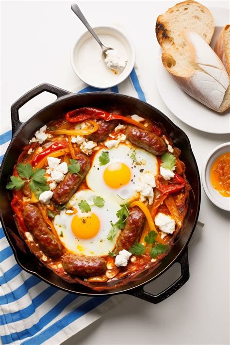 Tálalt Shakshuka merguez kolbásszal és friss fűszernövényekkel