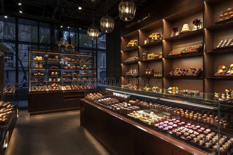 Interior of a high-end chocolate shop with various bonbons and chocolate bars on display