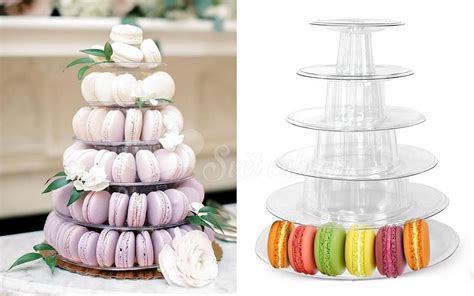 Dekorált macaron piramis állvány virágokkal és szalagokkal