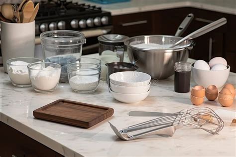 Kitchen counter with baking tools and ingredients