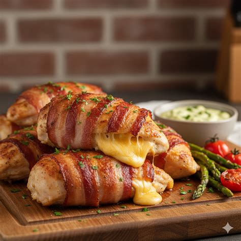 Sajtos-baconös csirkemell tálalva