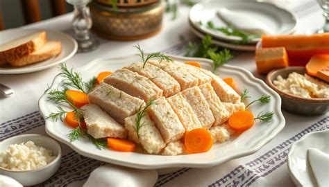 Tradicionális Gefilte Fisch gombócok tálon, sárgarépa szelettel