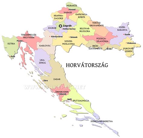 Horvátország térképe kiemelve a népszerű turisztikai régiókkal