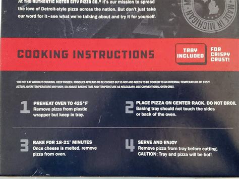 Frozen pizza packaging with cooking instructions