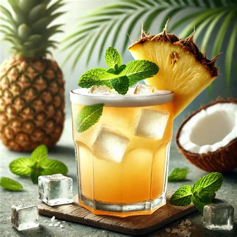 ananász és kókusz smoothie pohárban, trópusi háttérrel