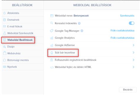 Weboldal cookie beállítások párbeszédpanel
