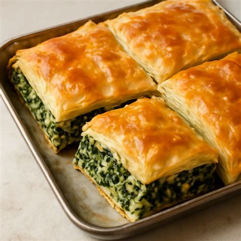 görög spanakopita tálalva, szeletelt formában
