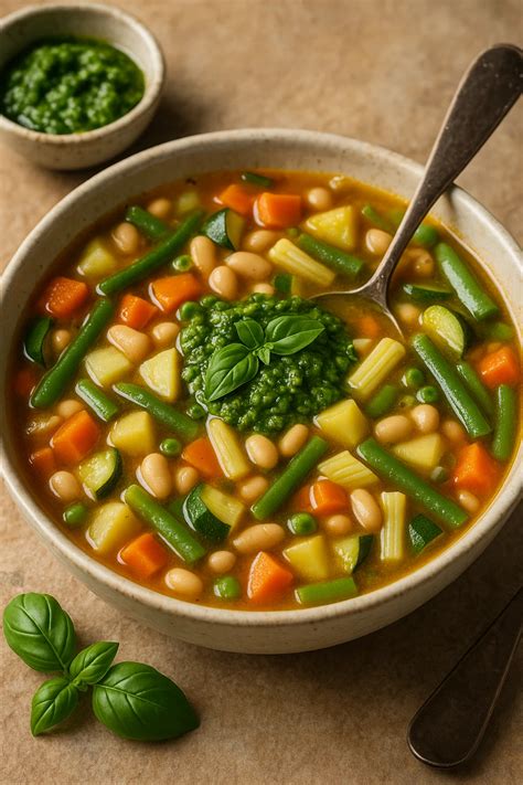 Zöld minestrone tálalva, parmezánnal és olívaolajjal