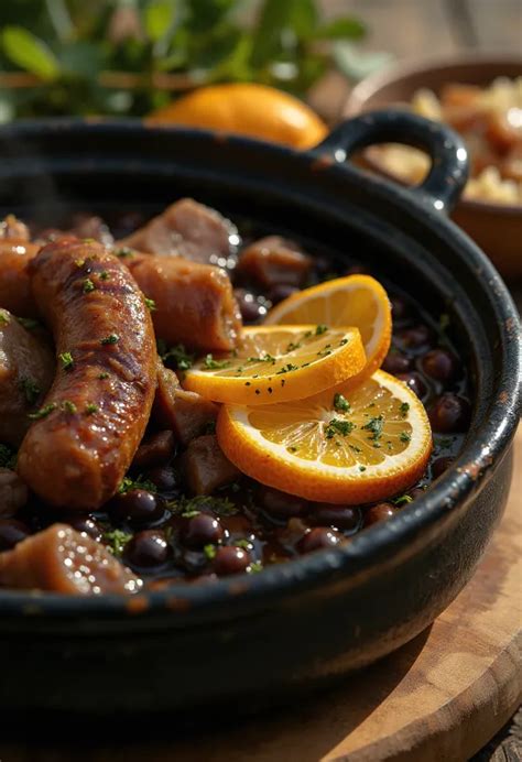 gőzölgő feijoada fekete babbal és sertéshússal tálalva