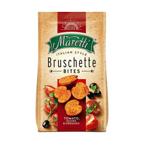 különböző ízesítésű Maretti bruschetta csomagolások rendezett sorban