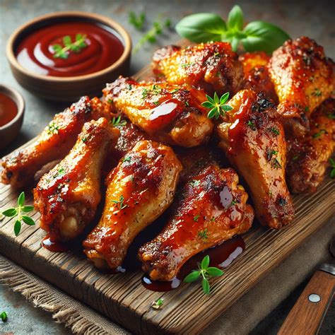 BBQ csirkeszárny tálalva sült krumplival és mártogatóssal