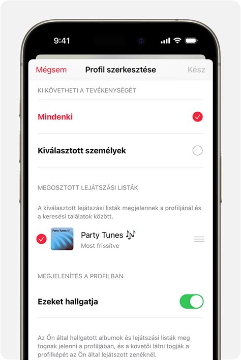 Egy okostelefon képernyője az Apple Music alkalmazással, ahol a profilfotó és a követési beállítások láthatók.