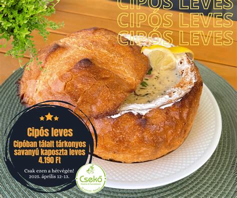 Cipóban tálalt leves éttermi környezetben