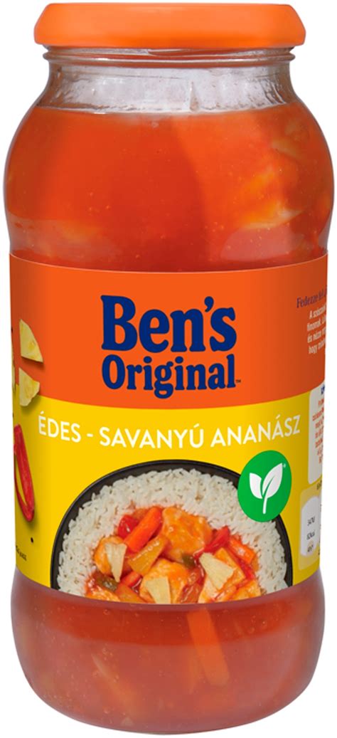 Ben's Original édes-savanyú mártás termékek ananász darabokkal és zöldségekkel illusztrálva