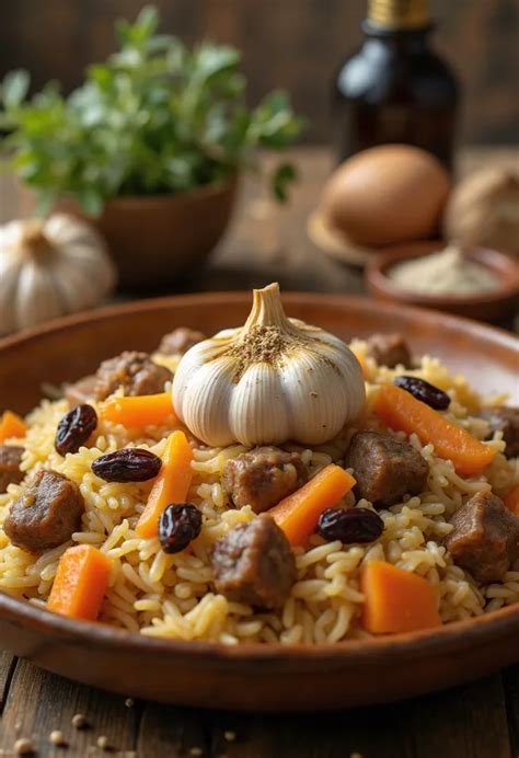 Kész üzbég plov tálalva fokhagymával és csilivel