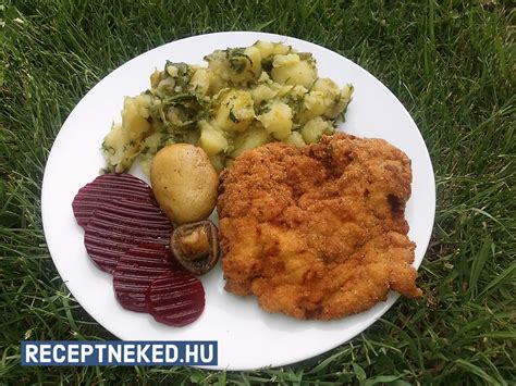 Tálalt rántott karaj fűszeres burgonyával és savanyúsággal