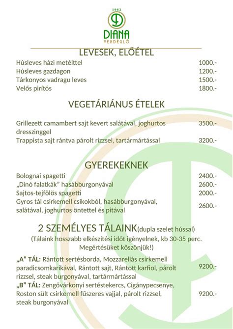 Diana Étterem étlapjának kiemelt ételei