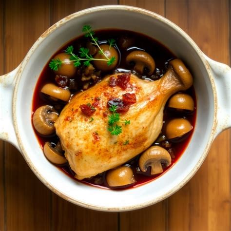 Coq au vin tálalva
