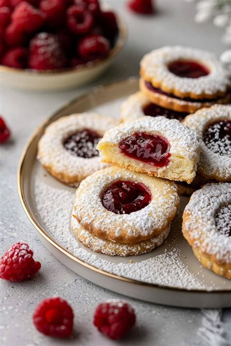 Assembled linzer cookies with jam and powdered sugar