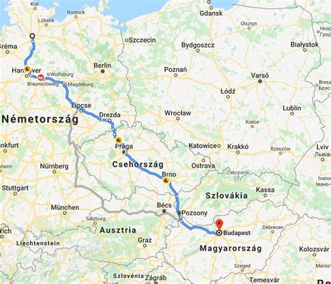Térkép Hamburg és Körmend útvonalával