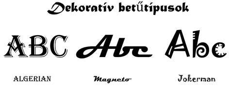 Betűtípusok és betűméretek példái