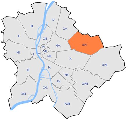 Budapest térkép a XVI. kerület kiemelésével