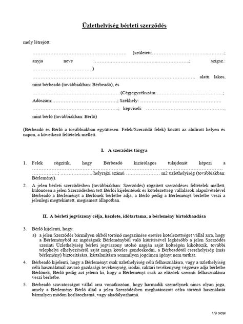 kis üzlethelyiség bérleti szerződése