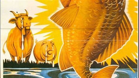 A búsuló szarvasmarha és a sírdogáló sertés egy diadalittas ponty mellett, a háttérben egy halas plakáttal