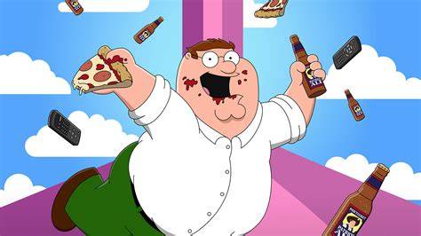 A Family Guy sorozat ikonikus karaktere, Peter Griffin, egy képzeletbeli hamburgerrel a kezében