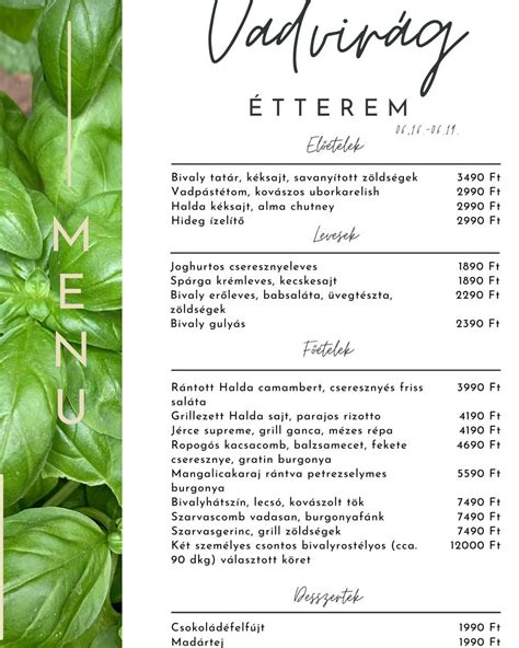 A Vadvirág Étterem étlapjának egy részlete