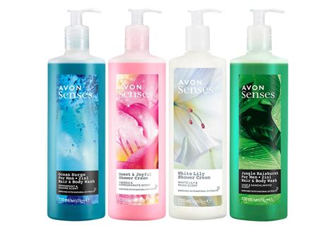 A variety of Avon Senses shower gels, showcasing different colours and scents