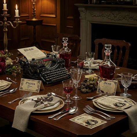 Murder mystery dinner illustration with people investigating clues at a table