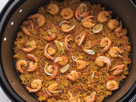 Paella cooking in an air fryer with seafood