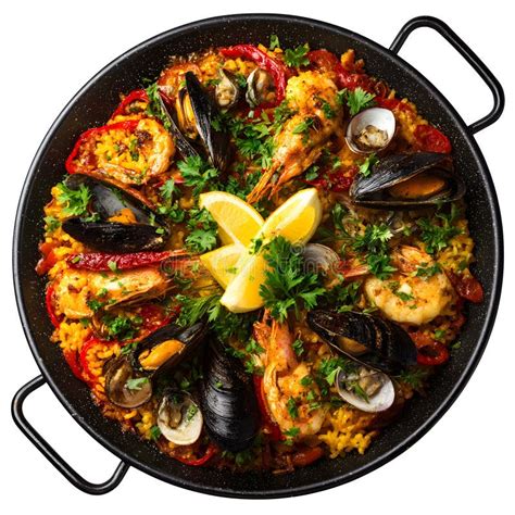 Served paella with lemon and parsley
