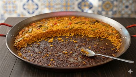 Paella főzés közben, látszik a socarrat réteg kialakulása