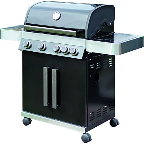 Egy modern gázgrill, amelynek fedele nyitva van