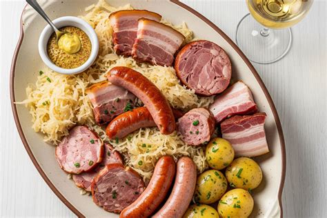 A klasszikus Choucroute garnie gazdag húsos tálalása