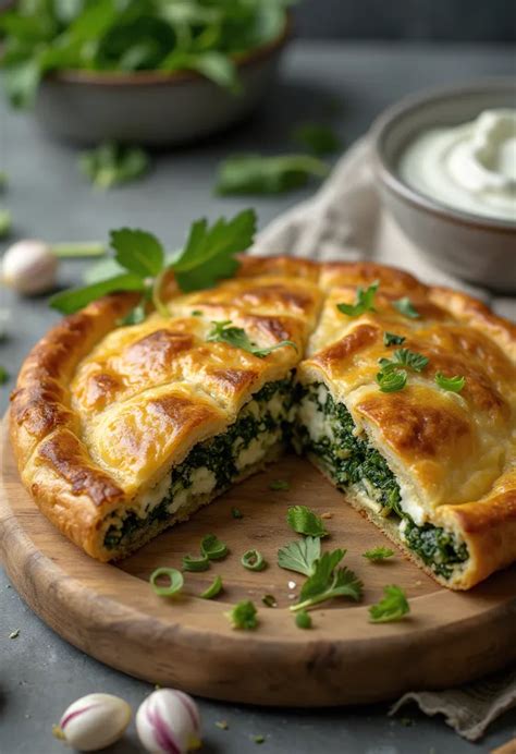 Szelet spenótos pite, friss zöldfűszerekkel díszítve