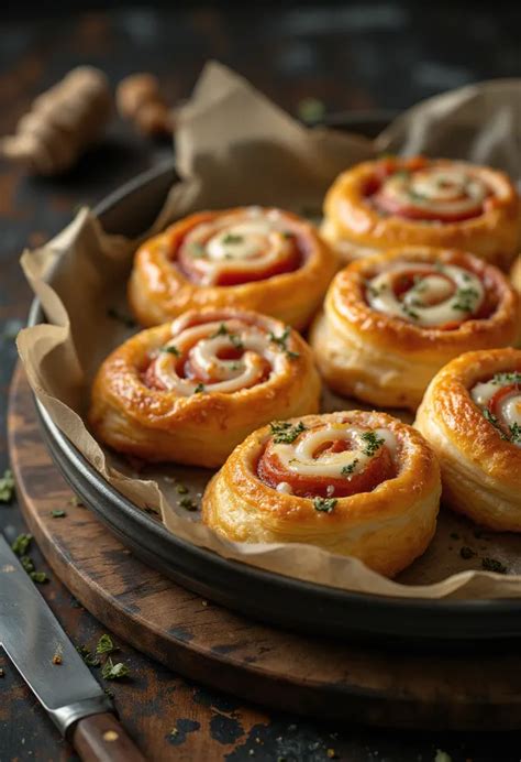 Frissen sült, aranybarnára sült pizzás tekercsek sajttal a tetejükön