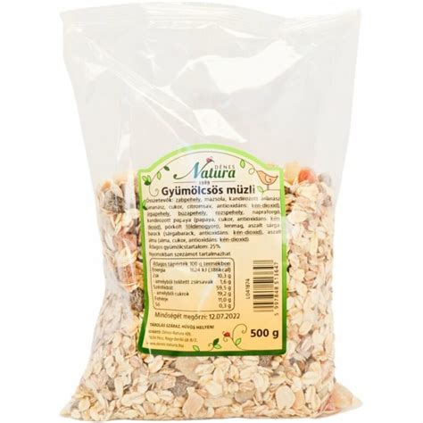 Müzli összetevők táblázata: gabona, gyümölcs, magvak