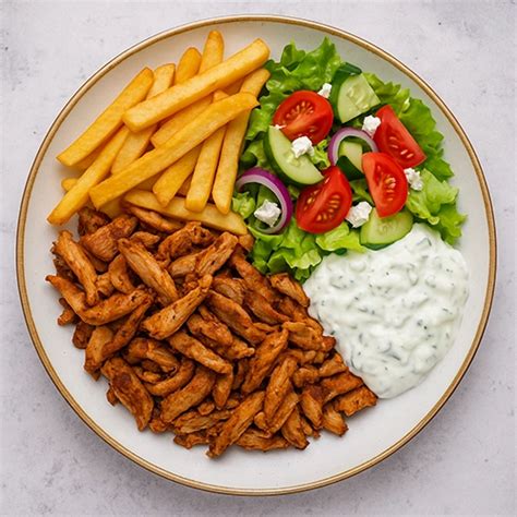 Gyros Tál friss zöldségekkel, sült krumplival és tzatzikivel