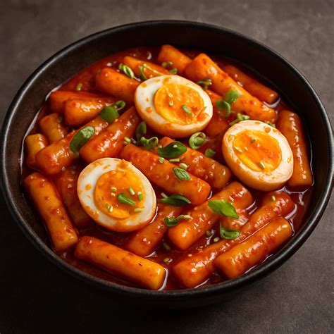 Tteokbokki, csípős rizstészta egy tálban