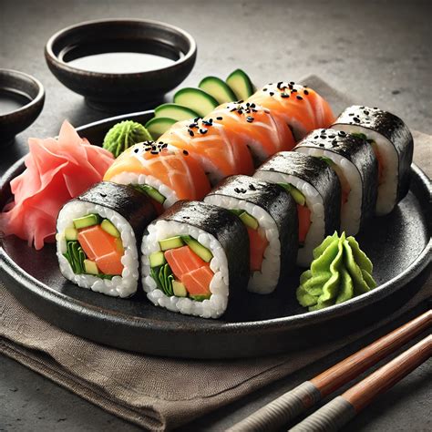 Sushi tekercsek egy futószalagon változatos tányérokon
