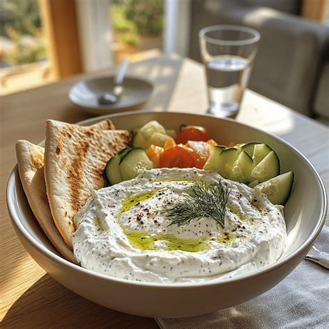 tálalt tzatziki friss kaporral és olívaolajjal díszítve