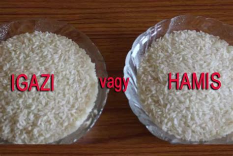 A műanyag rizs és az igazi rizs közötti különbségeket szemléltető összehasonlító grafika