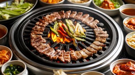 Korean barbecue setup with various meats and banchan