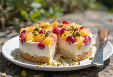 Joghurtos őzgerinc torta szeletekkel, friss gyümölcsökkel díszítve