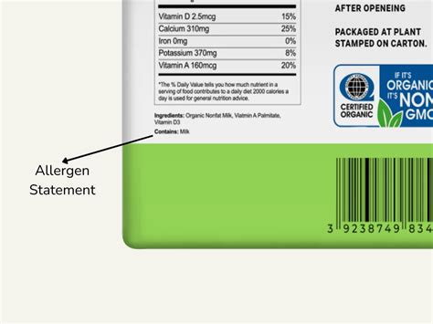 Close-up of a food product label showing ingredients and allergens