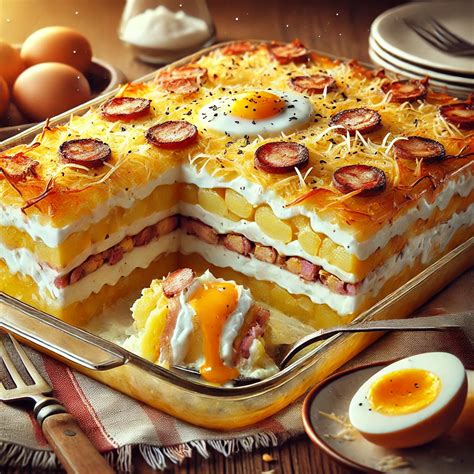 Hagyományos magyar rakott krumpli tálalva