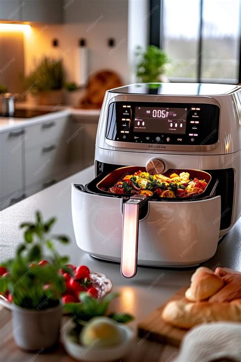 modern air fryer a konyhapulton sült krumplival